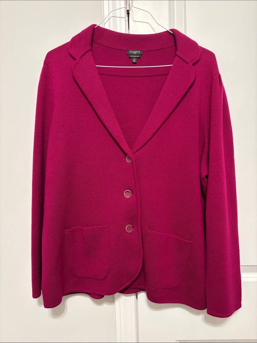 Talbots Women Bright Fuchsia 100% Merino Wool Knit Blazer Jacket